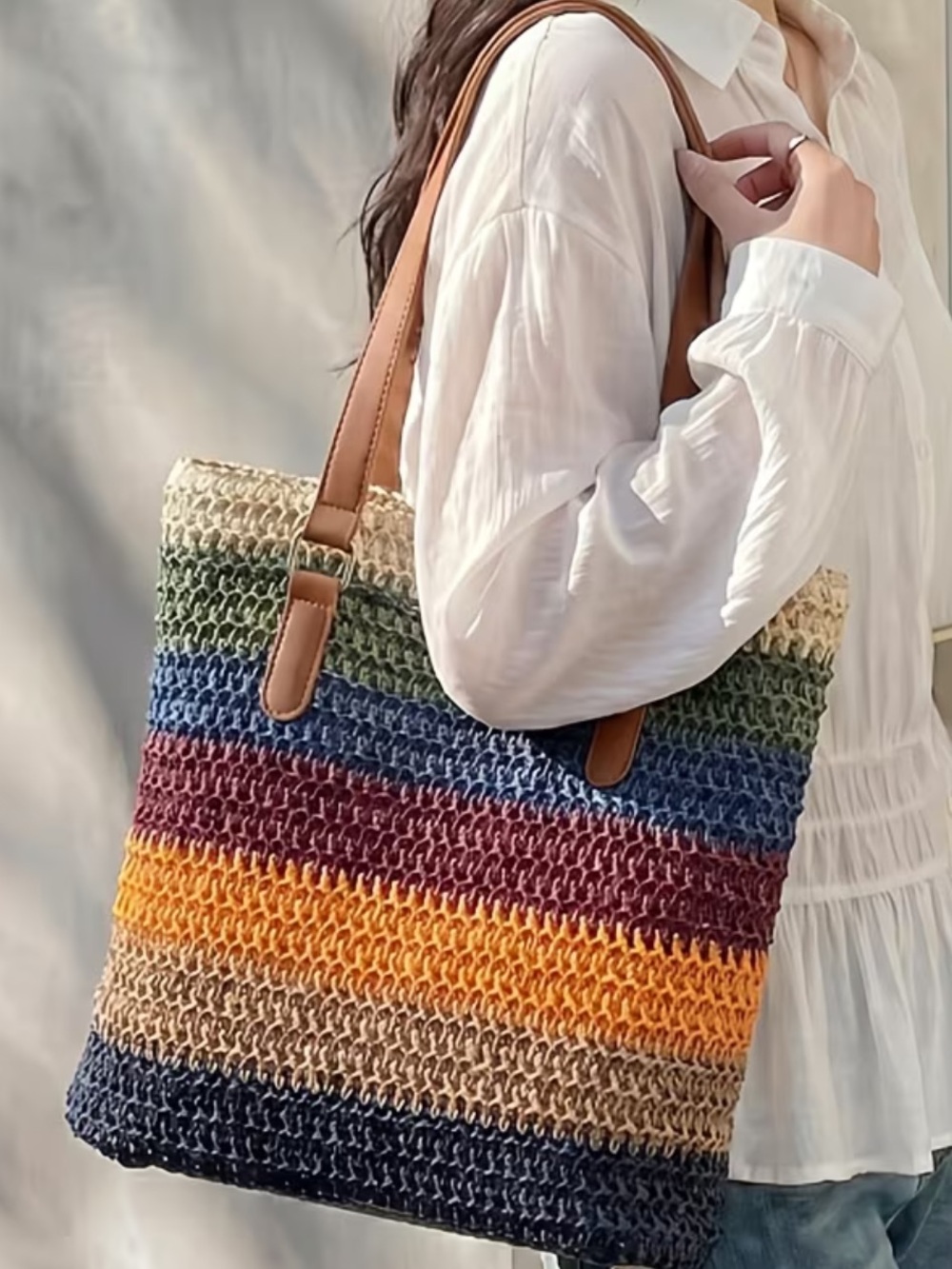 RETRO WOVEN FABRIC COLOR-BLOCK SHOULDER BAG TOTE